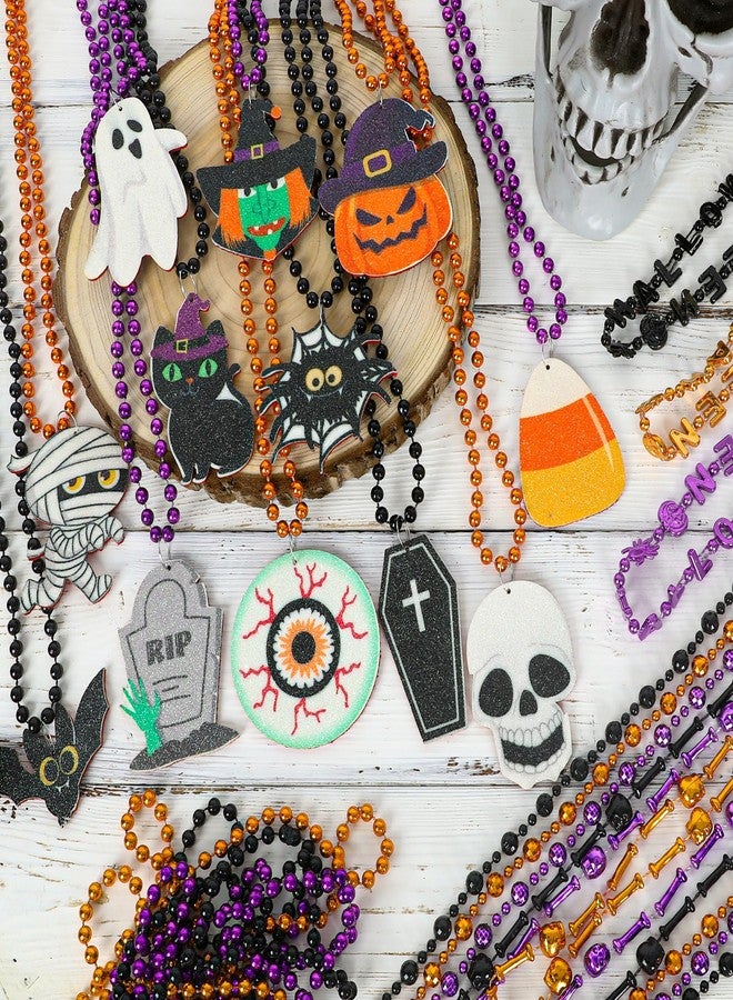 EOBOH 100PCS Halloween Necklace Accessories, 24 Kinds Purple Black Orange Bead Necklace Party Favors Bulk, 32" Halloween Pumpkin Ghost Pendant Toy Necklaces Decor, Festival Parade Throw for Trick or Treat - Image 3